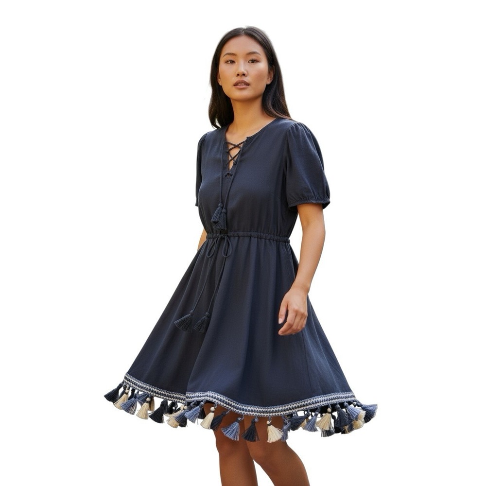 TULAROSA Tallulah Keyhole Taseel Hem Mini Dress‎ Navy Blue Size Small